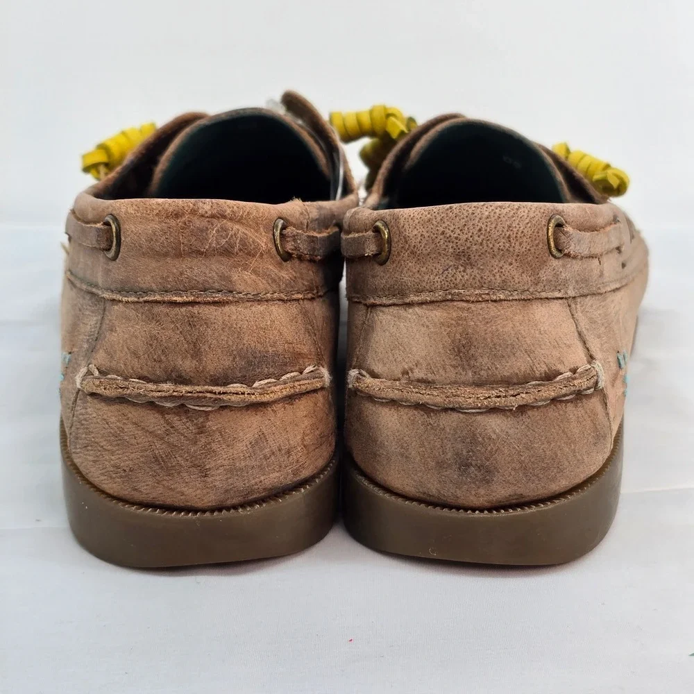 ROAN Women’s Brown Leather Boat Shoes with Yellow Laces